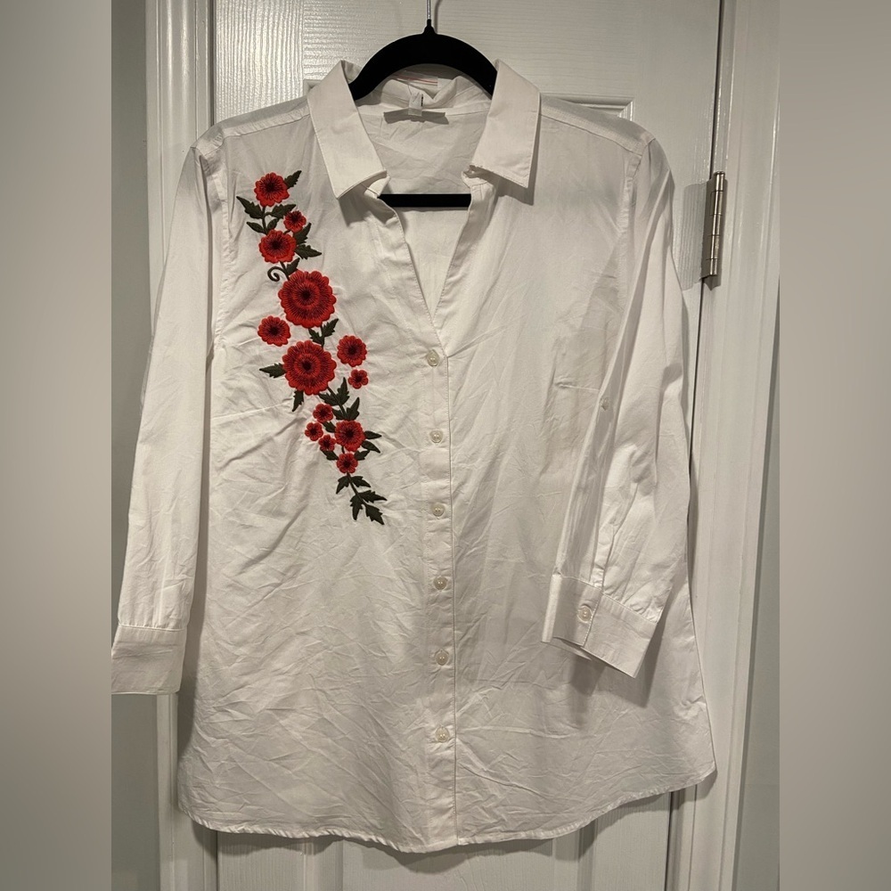 NWT Serengeti Size M Pink Floral Embroidered White Button Down 3/4 Sleeve Shirt